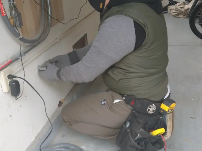 Electrician performing outlet wiring in a Manchester garage